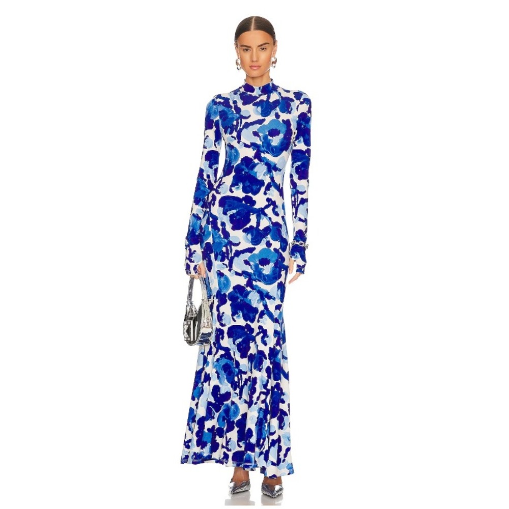 Essentiel‎ Antwerp Dieval Long Printed Dress Blue Floral Mock Neck Maxi NWT Sz 2
